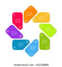 Circular connected infographic diagram. Flower chart with 8 options. Paper progress steps for tutorial with eight parts. Isolated business concept sequence banner. EPS10 workflow layouts.