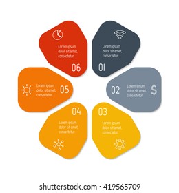 Circular connected infographic diagram. Flower chart with 6 options. Paper progress steps for tutorial with six parts. Isolated business concept sequence banner. EPS10 workflow layouts.