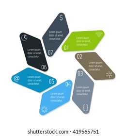 Circular connected infographic diagram. Flower chart with 7 options. Paper progress steps for tutorial with seven parts. Isolated business concept sequence banner. EPS10 workflow layouts.
