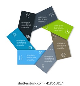Circular connected infographic diagram. Flower chart with 7 options. Paper progress steps for tutorial with seven parts. Isolated business concept sequence banner. EPS10 workflow layouts.