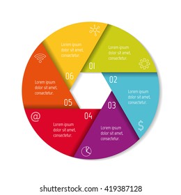 Circular connected infographic diagram. Folded round chart with 6 options. Paper progress steps for tutorial with six parts. Isolated business concept sequence banner. EPS10 workflow layouts.