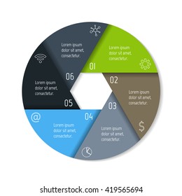 Circular connected infographic diagram. Folded round chart with 6 options. Paper progress steps for tutorial with six parts. Isolated business concept sequence banner. EPS10 workflow layouts.