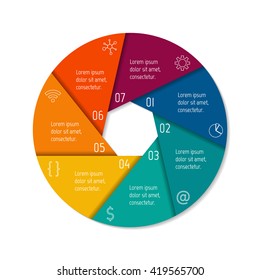 Circular connected infographic diagram. Folded chart with 7 options. Paper progress steps for tutorial with seven parts. Isolated business concept sequence banner. Round workflow layouts.