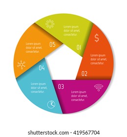 Circular connected infographic diagram. Folded round chart with 5 options. Paper progress steps for tutorial with five parts. Isolated business concept sequence banner. EPS10 workflow layouts.
