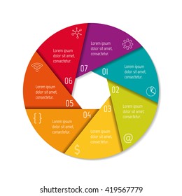 Circular connected infographic diagram. Folded chart with 7 options. Paper progress steps for tutorial with seven parts. Isolated business concept sequence banner. Round workflow layouts.