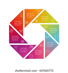 Circular connected infographic diagram. Polygonal chart with 8 options. Paper progress steps for tutorial with 8 parts. Isolated business concept sequence banner. EPS10 workflow layouts.