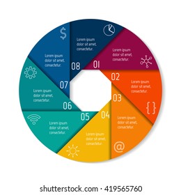 Circular connected infographic diagram. Round chart with 8 options. Paper progress steps for tutorial with eight parts. Isolated business concept sequence banner. EPS10 workflow layouts.