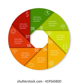 Circular connected infographic diagram. Round chart with 8 options. Paper progress steps for tutorial with eight parts. Isolated business concept sequence banner. EPS10 workflow layouts.