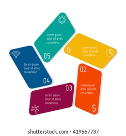 Circular connected infographic diagram.Pentagon chart with 5 options. Paper progress steps for tutorial with five parts. Isolated business concept sequence banner. EPS10 workflow layouts.