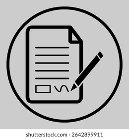 Icono circular de documento de contrato con lápiz para fines de firma.