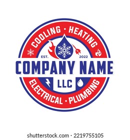 Logotipo de refrigeración circular y calefacción, diseño del emblema del logotipo de la tubería eléctrica en color azul y rojo. Fuego de iconos, vector de diseño de enchufes eléctricos, copo de nieve, tormenta, agua de goteo, logotipo de servicio doméstico moderno