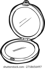 Compacto cosmético circular abierto para mostrar espejo reflectante y cierre, dibujado en líneas limpias.