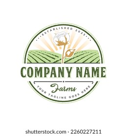 Circular cotton farm logo emblem vintage with cotton plant design illustration, field, plantation, and sunshine element design