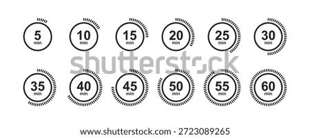 Circular countdown timer icons showing intervals from 5 to 60 minutes. Timer, clock, stopwatch isolated set icons. Countdown timer symbol. Cooking time label