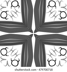 Circular cross pattern with zodiac signs, striped. Hand drawn.