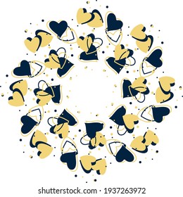 Circular crown of navy blue and yellow hearts and dots with white space in the center. Vector image of hearts.