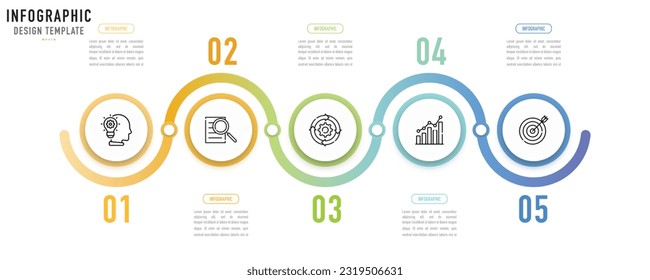 Circular curve infographic template or element with 5 step, process, option, colorful circle, button, paper origami, number, minimal style for sale slide, schedule, agenda, flowchart, workflow, web