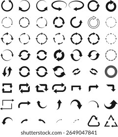 Circular and Curved Arrow Icon Set, Black Vector Symbols for Recycling, Refresh, Repeat, and Loop Concepts in Infographics and Web Design