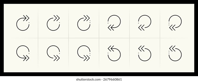 Conjunto de iconos de flecha circular y curva. Dirección, navegación, hacia abajo, recarga, en el sentido de las agujas del reloj, gire hacia abajo, gire a la izquierda, hacia arriba y más. Trazo editable.