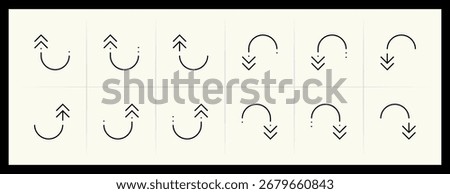 Circular and curved arrow icon set. Direction, navigation, downward, reload, clockwise, turn down, turn left, upward and more. Editable stroke.