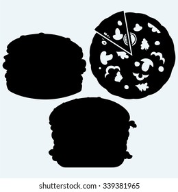 Circular cut pizza and hamburger. Isolated on blue background. Vector silhouettes