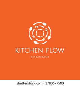 Circular cutlery forming a circular flow illustration. Creative kitchen, restaurant, cafe logo design concept