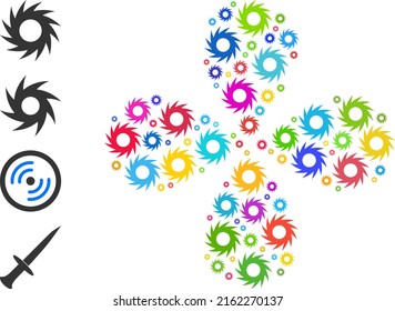 Circular cutter icon multi colored curl flower with four petals composition. Element curl designed from random circular cutter symbols. Vector flower icon collage in flat style.
