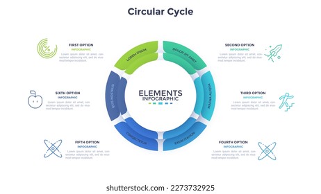 Circular Cycle for business analytics infographic design template. Entrepreneur growth strategy building chart with 6 elements. Visual data presentation material. Web pages and applications