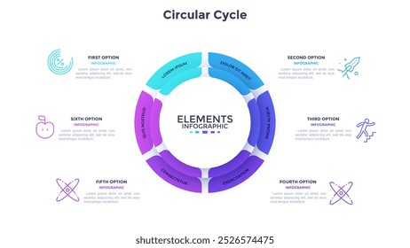 Circular Cycle for business analytics infographic design template. Entrepreneur growth strategy building chart with 6 elements. Visual data presentation material. Web pages and applications