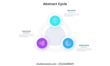 Ciclo circular para projeto gráfico de modelo de infográfico de interconexão de processos da empresa. Infográfico de desenvolvimento corporativo com ícones de linha fina. Gráficos de instrução com 3 etapas para a criação de banners