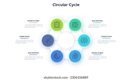 Zirkulärer Zyklus der Produktivität der Mitarbeiter des Unternehmens Infografik Design Vorlage. Personalwesen für Unternehmen. Pie Diagramm mit 6 Segmenten und Symbolen. Visuelles Datendarstellungsmaterial