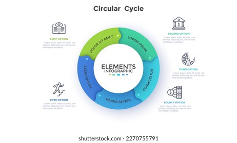 Circular Cycle of financial structure analytics infographic design template. Business fund strategy building chart with 5 elements. Visual data presentation material. Web pages and applications