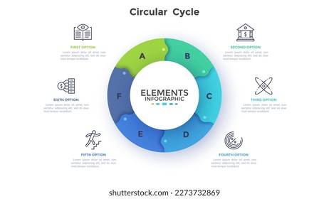 Circular Cycle of financial structure analytics infographic design template. Business fund strategy building chart with 6 elements. Visual data presentation material. Web pages and applications