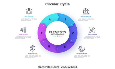Circular Cycle of financial structure analytics infographic design template. Business fund strategy building chart with 6 elements. Visual data presentation material. Web pages and applications