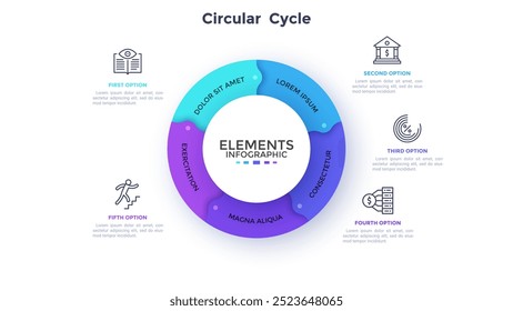 Modelo de design de infográfico do Ciclo Circular de análise de estrutura financeira. Gráfico de construção de estratégia de fundo de negócios com 5 elementos. Material de apresentação de dados visuais. Páginas da Web e aplicativos