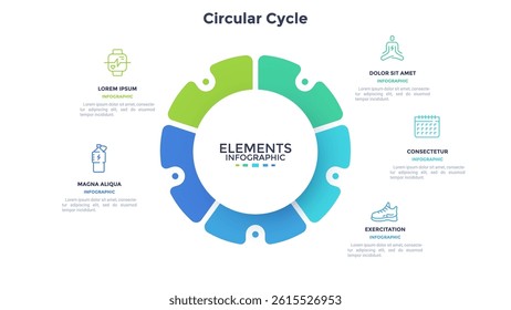 Circular cycle infographic for business data visualization. Presentation template with 5 elements for healthcare, fitness and sport business diagrams and marketing projects. Vector illustration