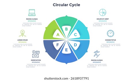 Infografía de ciclo circular para presentación de negocios. Diagrama de 6 pasos opciones o procesos, visualización de datos de Vector para estrategia, marketing, Diseño web.