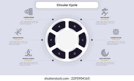 Circular Cycle infographic chart design for business development strategy presentation. Informative infochart with thin line icons for corporate data visualization. Graphics with 6 steps for banners