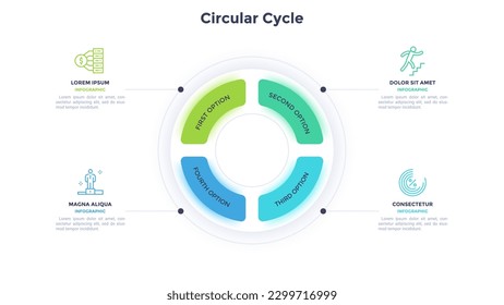 Diseño del gráfico de infografía del ciclo circular para la presentación de la estrategia de desarrollo empresarial. Gráfico informativo con iconos de línea delgada para la visualización de datos corporativos. Gráficos con 4 pasos para banners