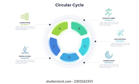 Diseño del gráfico de infografía del ciclo circular para la presentación de la estrategia de desarrollo empresarial. Gráfico informativo con iconos de línea delgada para la visualización de datos corporativos. Gráficos con 5 pasos para banners