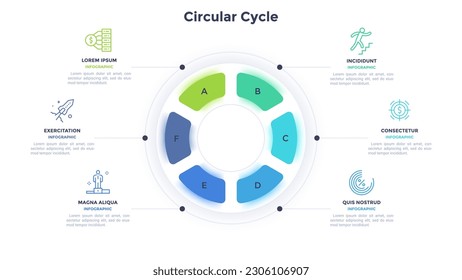 Circular Cycle infographic chart design for business development strategy presentation. Informative infochart with thin line icons for corporate data visualization. Graphics with 6 steps for banners