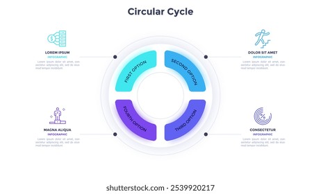 Circular Cycle infographic chart design for business development strategy presentation. Informative infochart with thin line icons for corporate data visualization. Graphics with 4 steps for banners