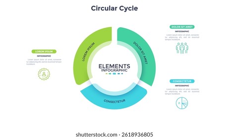Projeto de gráfico infográfico de ciclo circular para apresentação da estratégia de desenvolvimento de negócios. Infográfico informativo com ícones de linha fina para visualização de dados corporativos. Gráficos com 3 etapas para banners