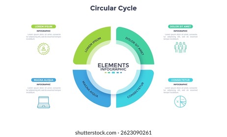 Circular Cycle infographic chart design for business development strategy presentation. Informative infochart with thin line icons for corporate data visualization. Graphics with 4 steps for banners