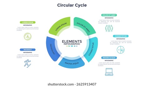 Projeto de gráfico infográfico de ciclo circular para apresentação da estratégia de desenvolvimento de negócios. Infográfico informativo com ícones de linha fina para visualização de dados corporativos. Gráficos com 5 etapas para banners