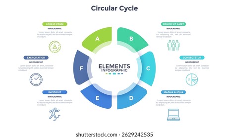 Circular Cycle infographic chart design for business development strategy presentation. Informative infochart with thin line icons for corporate data visualization. Graphics with 6 steps for banners