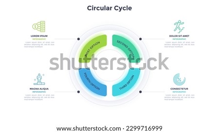 Circular Cycle infographic chart design for business development strategy presentation. Informative infochart with thin line icons for corporate data visualization. Graphics with 4 steps for banners