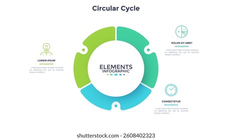 Circular cycle infographic template for business presentation, showing three elements or steps for project completion, workflow visualization for presentation. Vector illustration
