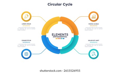 Circular cycle infographic template with four options and colorful elements on white background for business presentation data analysis. Vector illustration