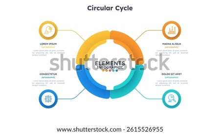 Circular cycle infographic template with four options and colorful elements on white background for business presentation data analysis. Vector illustration